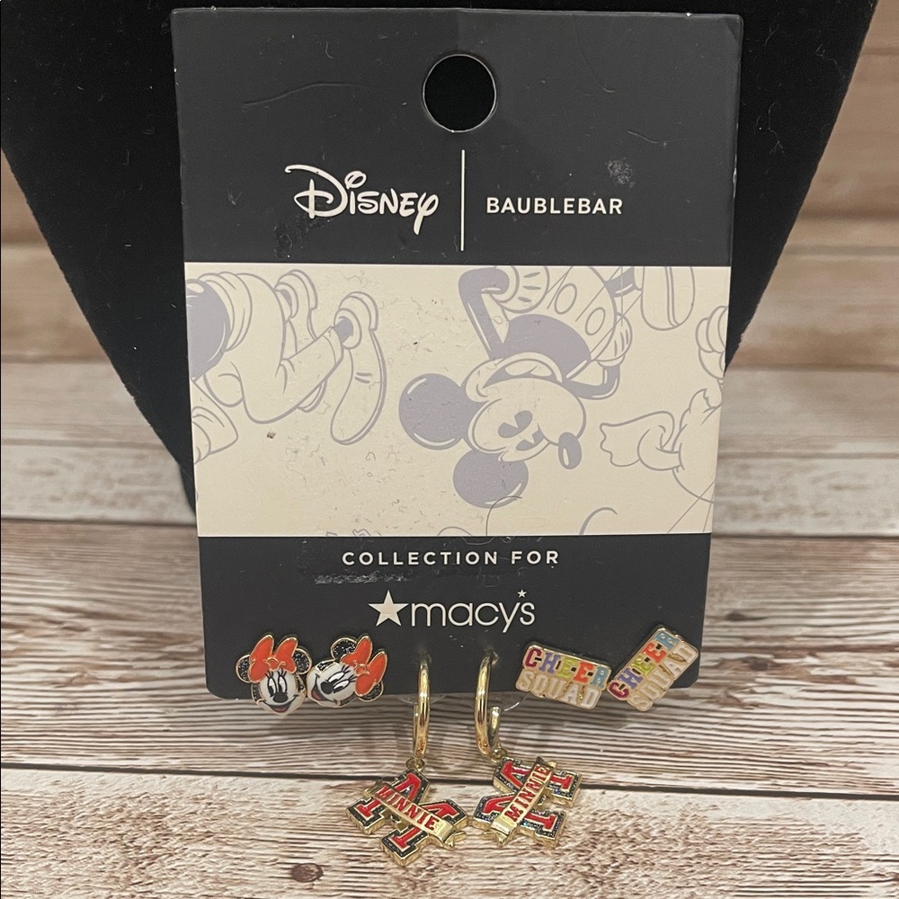 Disney Baublebar Macy's Minnie Mouse Cheer Squad 3 Pair Earring Set Gold Red NEW